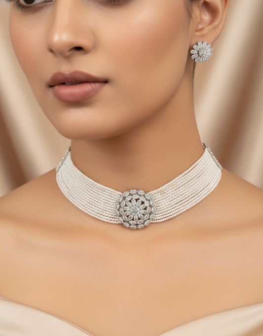 Pearl Strand Choker with Crystal Bloom Set