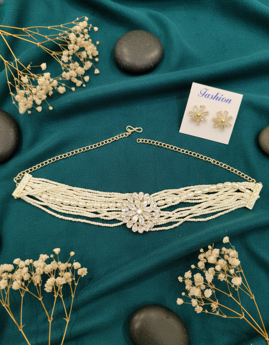 Gold-Toned Pearl Strand Choker with Crystal Cluster Set
