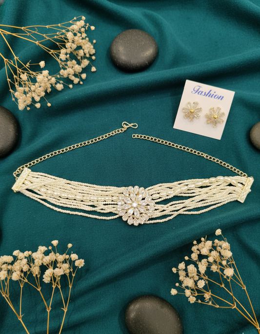 Gold-Toned Pearl Strand Choker with Crystal Cluster Set