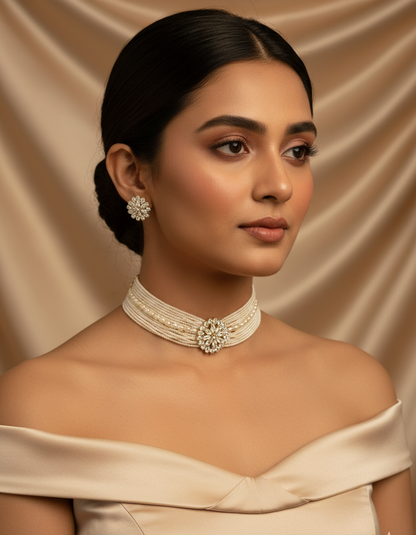 Gold-Toned Pearl Strand Choker with Crystal Cluster Set