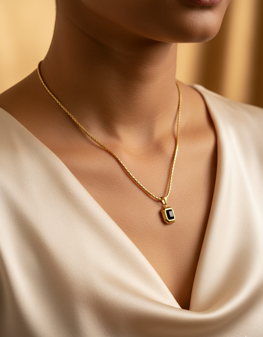 Gold-Toned Square Black Stone Necklace