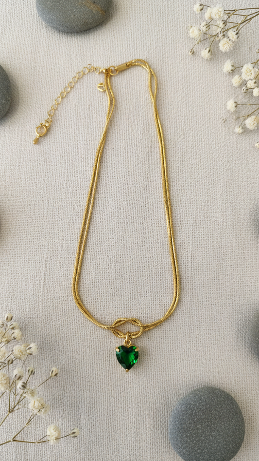 Gold-Toned Green Heart Knot Necklace