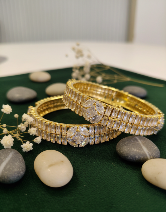 Golden Bold Solitaire Crystal Bangles Pair