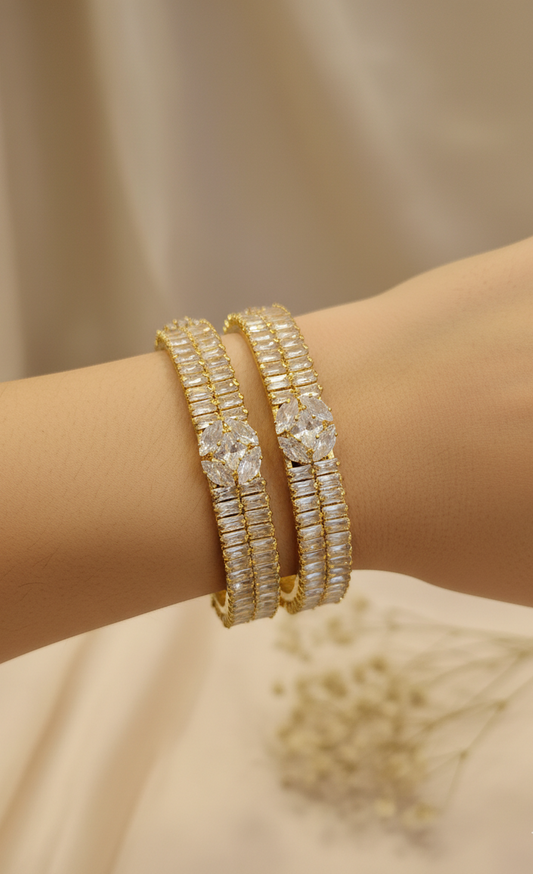 Golden Bold Solitaire Crystal Bangles Pair