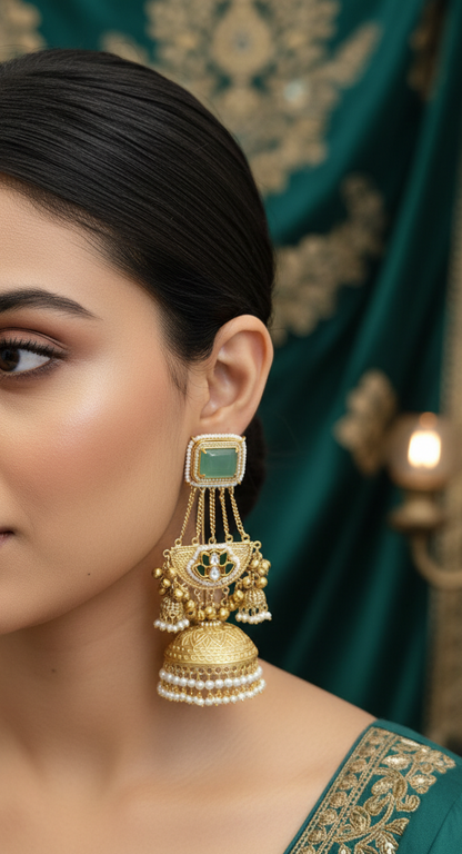 "Emerald Bloom" Kundan Jhumka Earrings