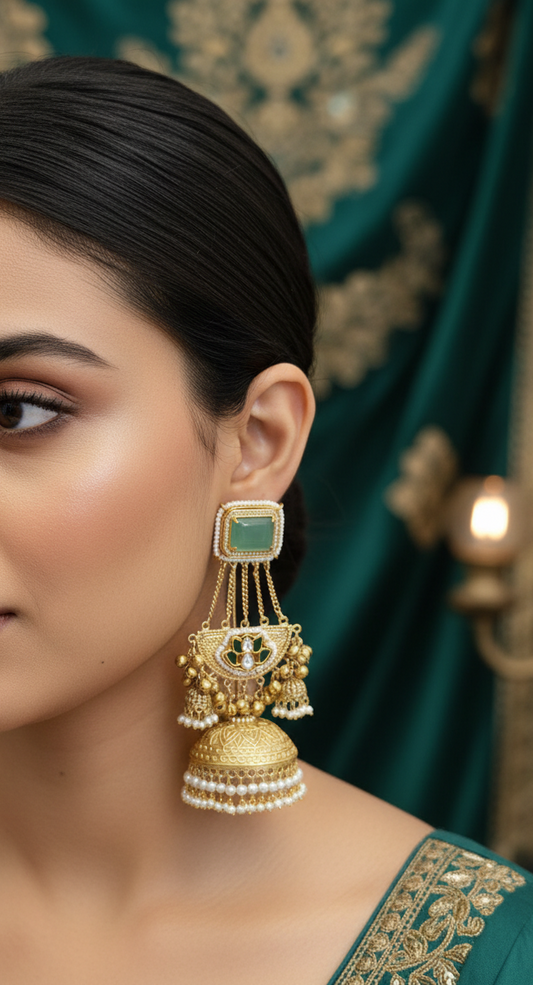"Emerald Bloom" Kundan Jhumka Earrings