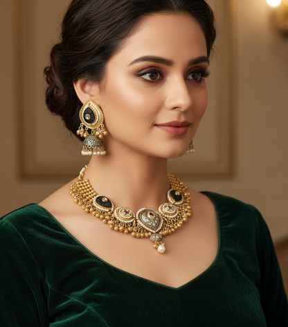 Onyx Cascade" Dual-Tone Kundan Necklace Set