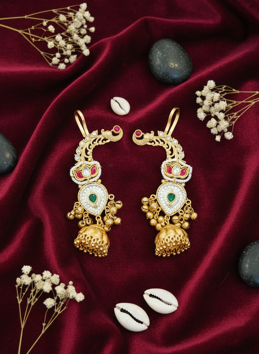 "Peacock Cascade" Kundan Jhumka Ear Cuffs