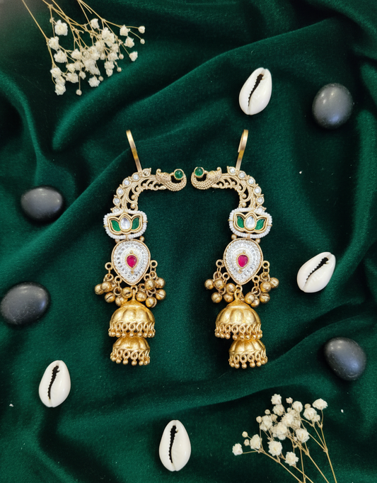 "Peacock Cascade" Kundan Jhumka Ear Cuffs