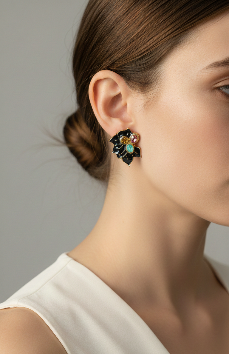 Midnight Bloom Jeweled Leaflet Stud