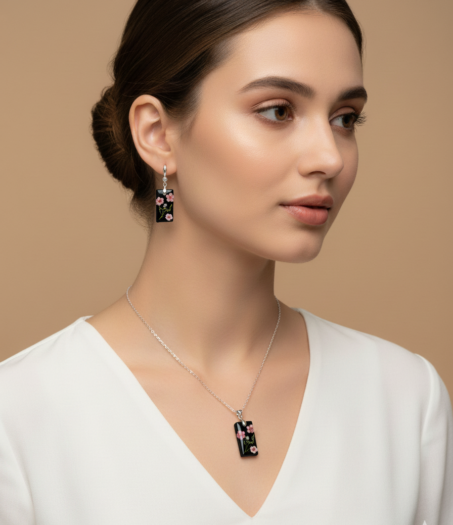 "Iridescent Bloom" Floral Resin Necklace and Earrings Set