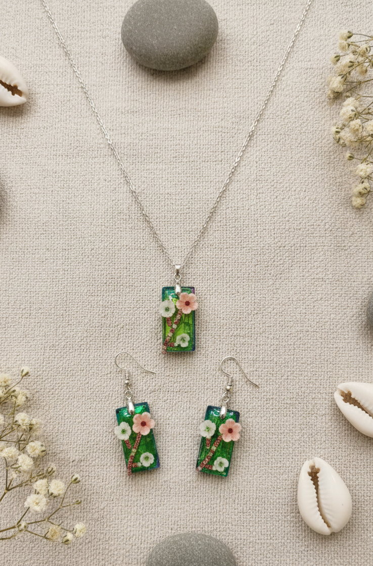 "Iridescent Bloom" Floral Resin Necklace and Earrings Set