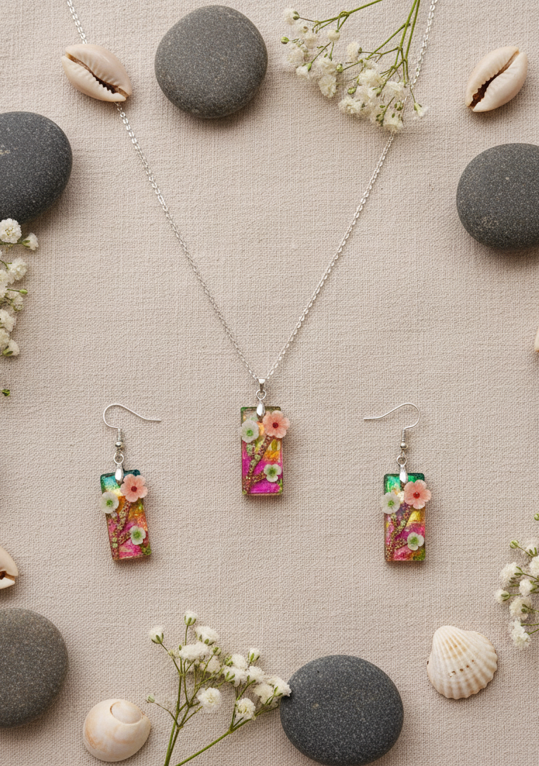 "Iridescent Bloom" Floral Resin Necklace and Earrings Set