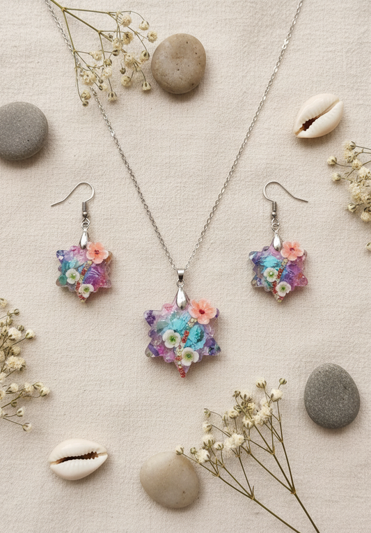 "Stardust Blossom" Floral Resin Necklace and Earrings Set