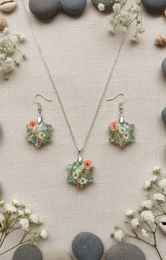 "Stardust Blossom" Floral Resin Necklace and Earrings Set