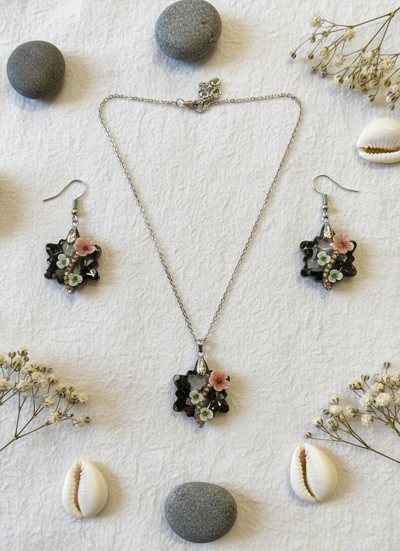 "Stardust Blossom" Floral Resin Necklace and Earrings Set