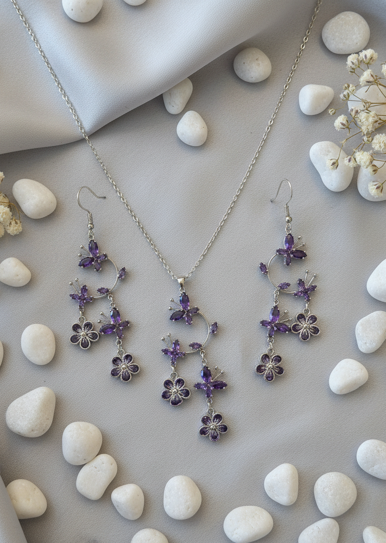 Amethyst Cascade Necklace with Floral Drop Earrings
