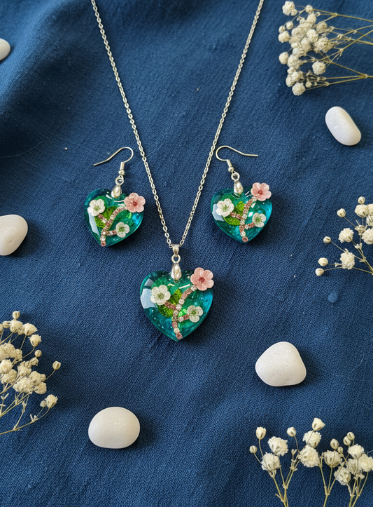 Enchanted Heart Floral Resin Necklace and Earrings Set