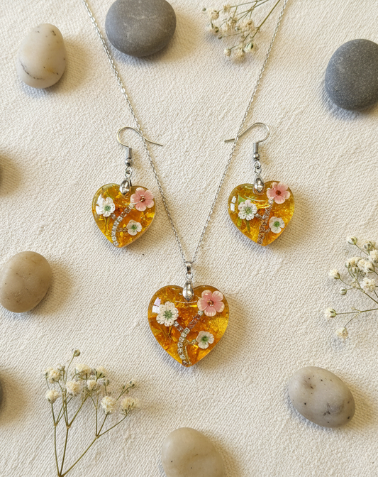 Enchanted Heart Floral Resin Necklace and Earrings Set