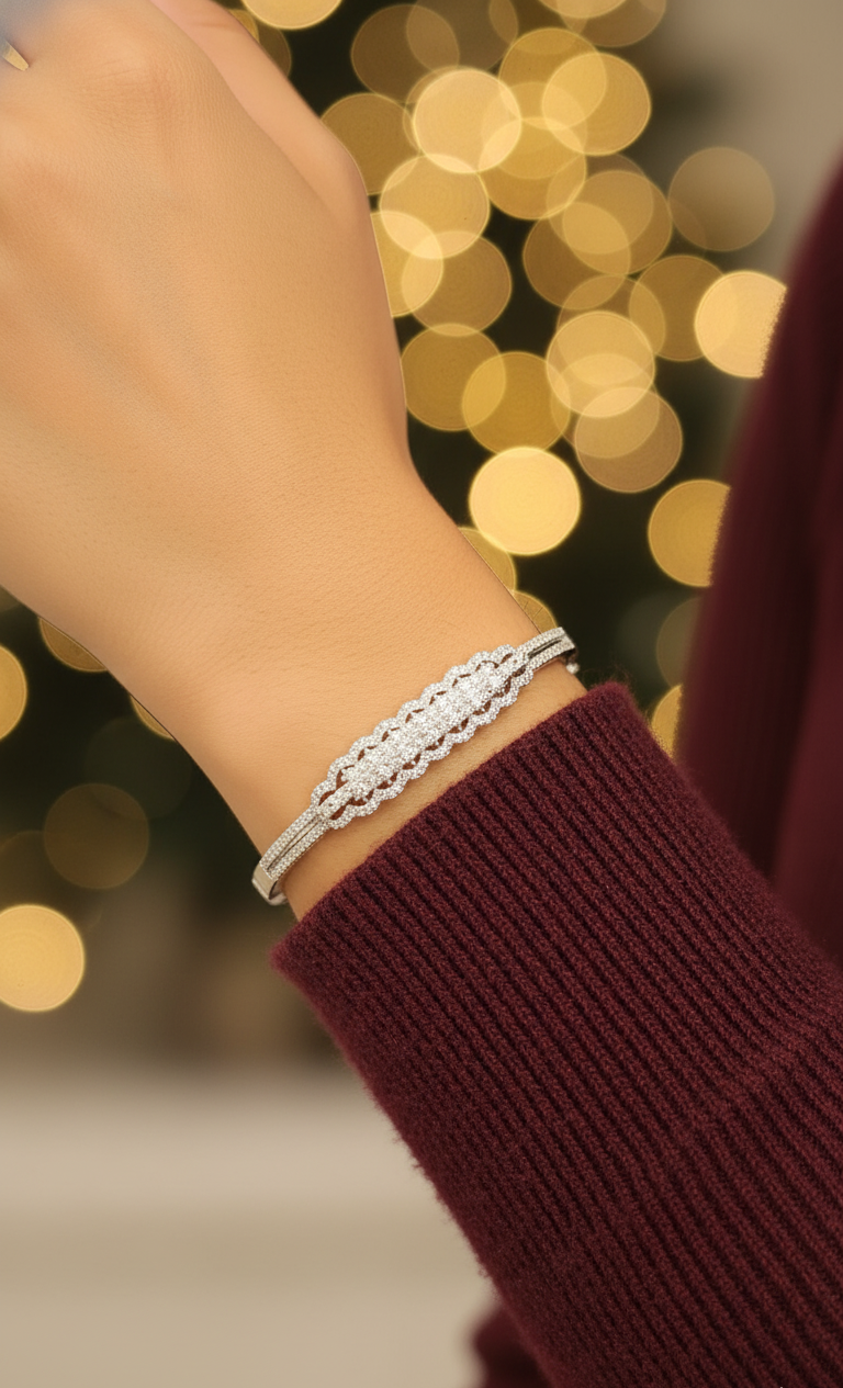 Intricate Silver-Tone Pave Bangle with Scalloped Detail