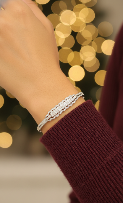 Intricate Silver-Tone Pave Bangle with Scalloped Detail