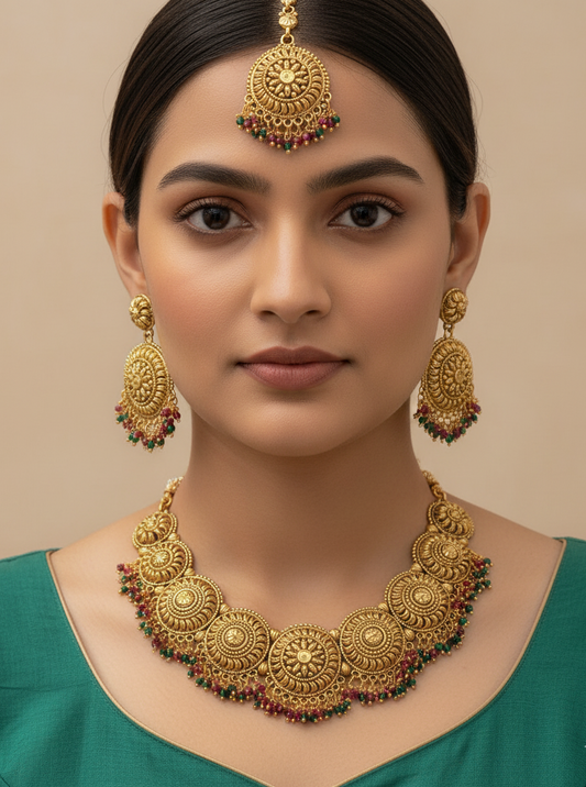 Antique Gold Finish Floral Medallion Necklace Set with Maang Tikka