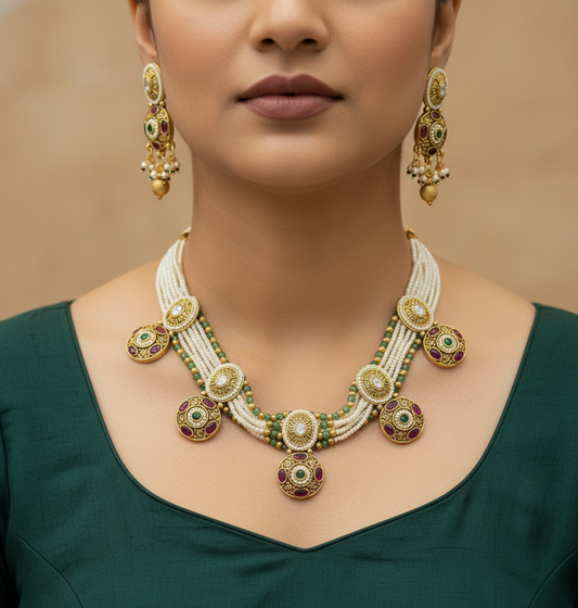 Multi-Strand Pearl and Kundan Medallion Necklace Set