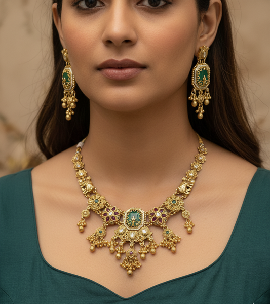 Emerald Grandeur Gold-Plated Necklace Set