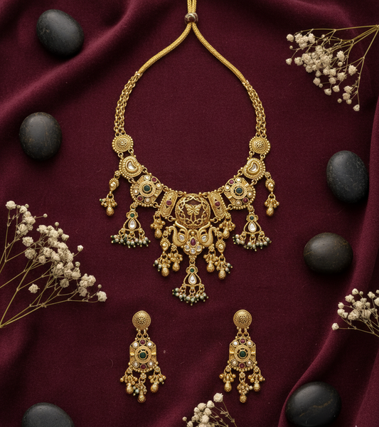 Antique Gold Peacock Medallion Necklace Set