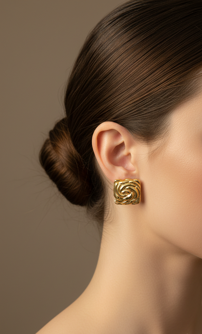 Golden Swirl Square Stud Earrings