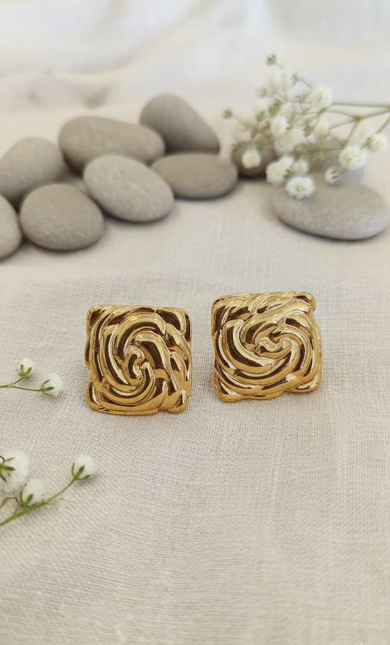 Golden Swirl Square Stud Earrings