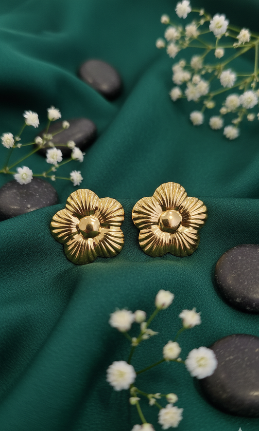 Golden Textured Flower Stud Earrings