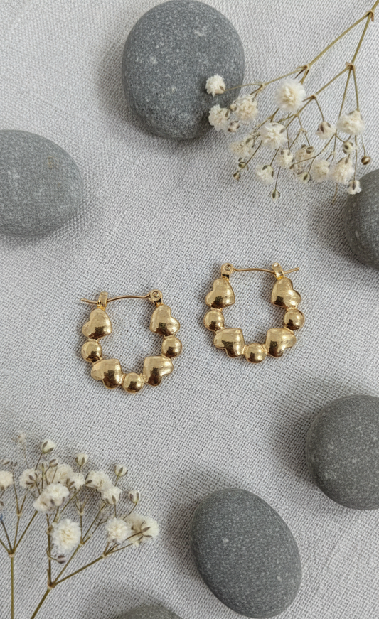 Golden Puffed Heart Cluster Hoop Earrings