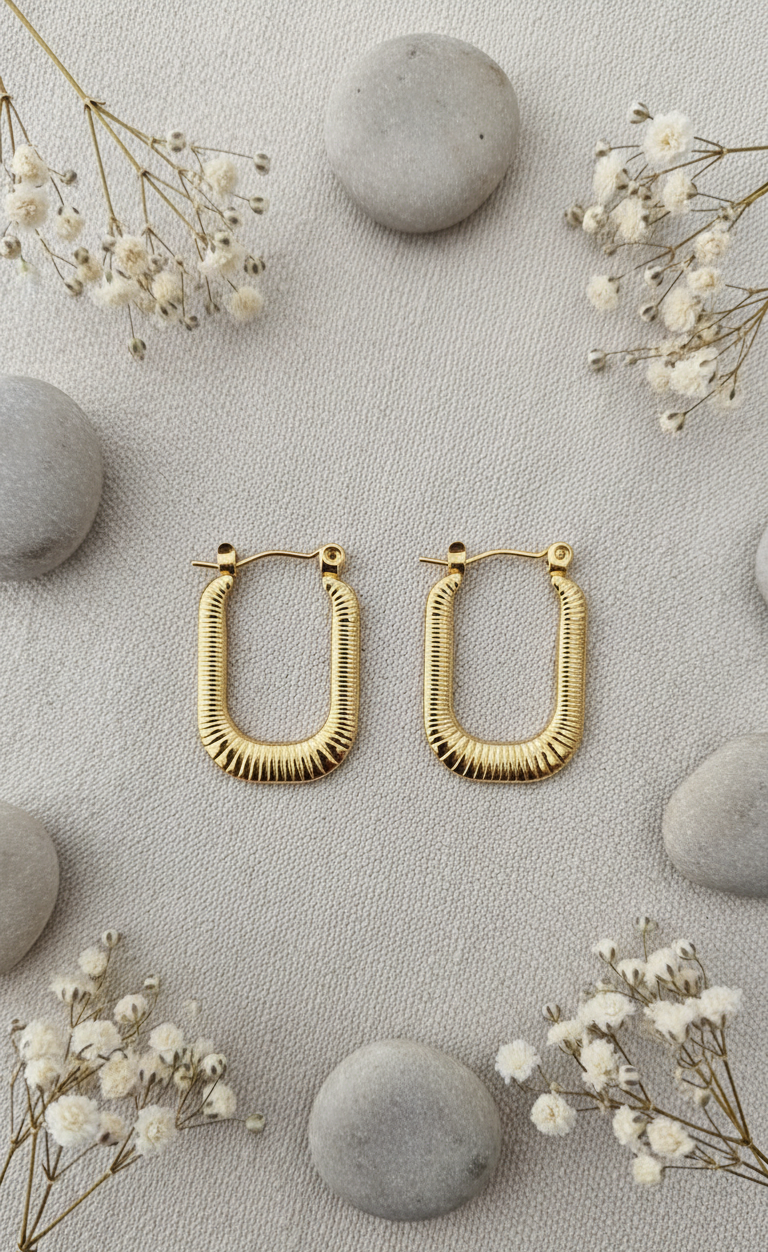 Golden Ribbed Rectangle Hoop Earrings