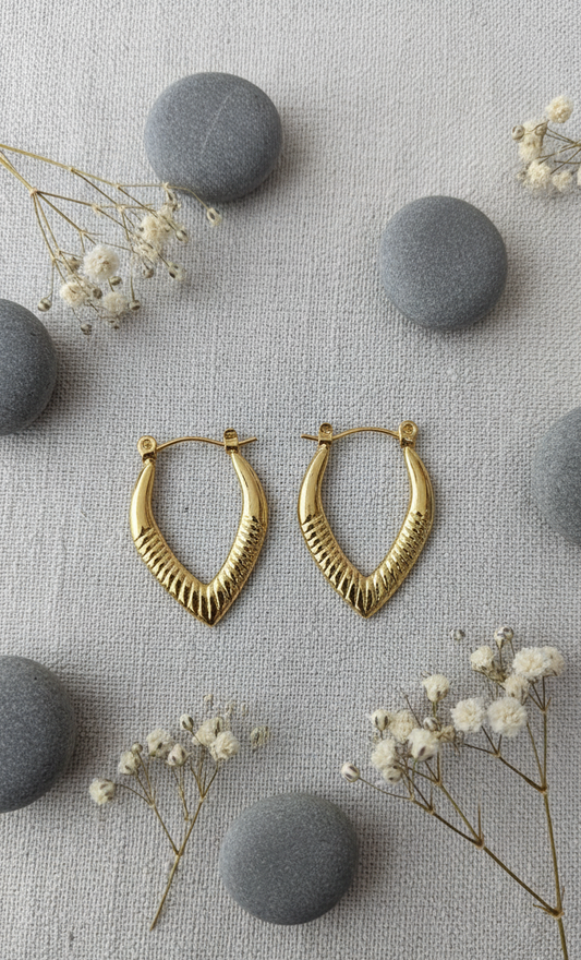 Golden Textured Marquise Hoop Earrings