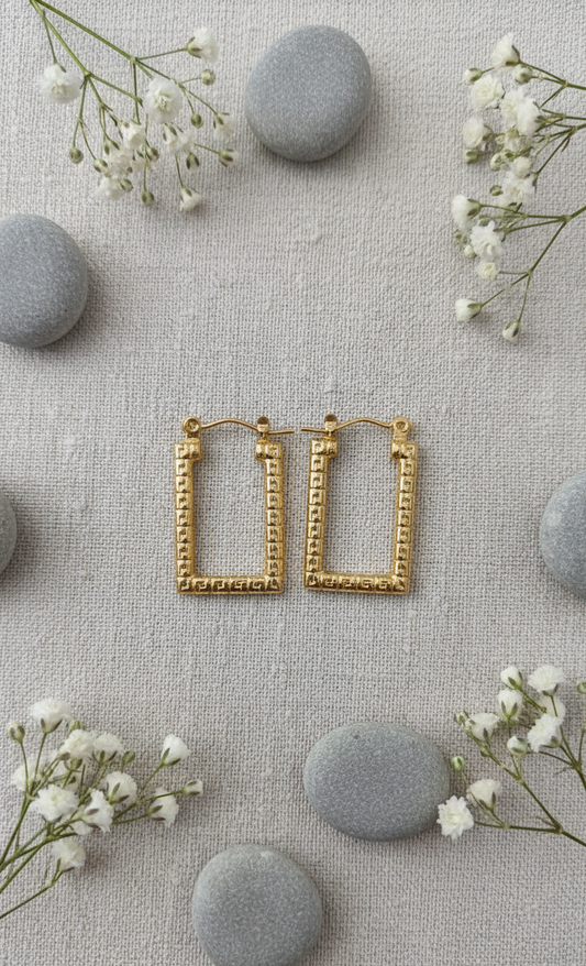 Golden Greek Key Rectangle Hoop Earrings
