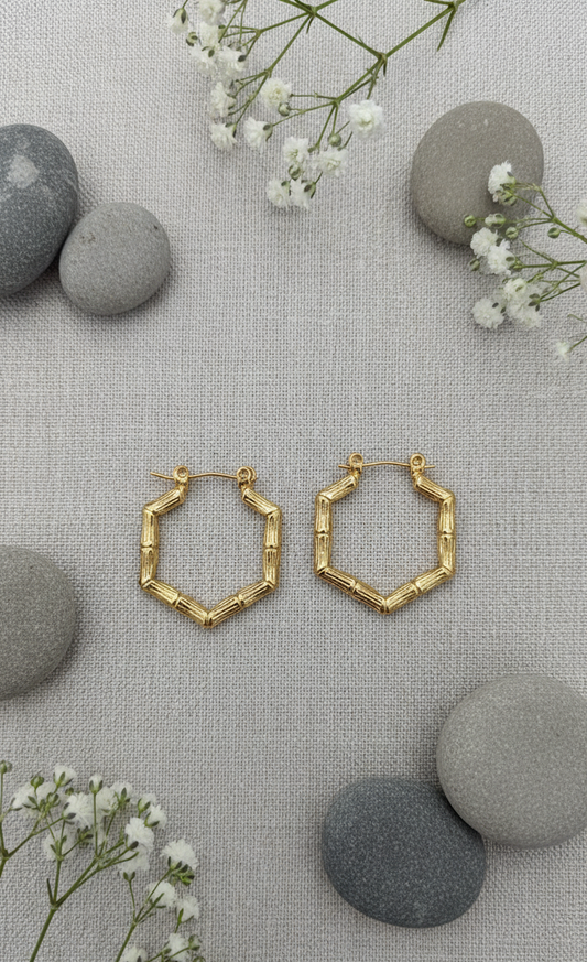 Golden Hexagon Bamboo Style Hoop Earrings