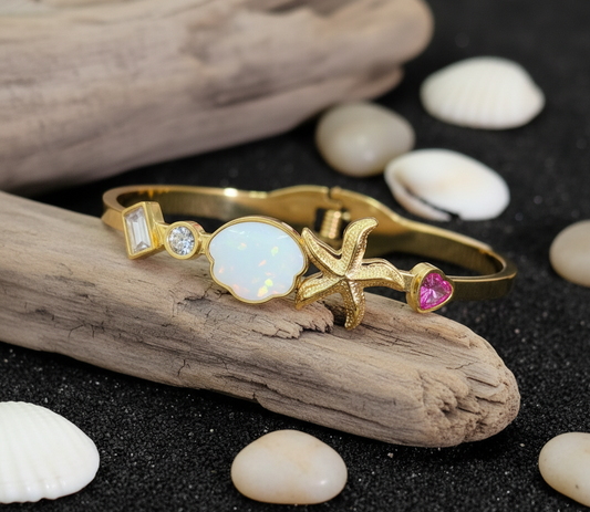 Golden Ocean Charm Bangle with Pink Heart