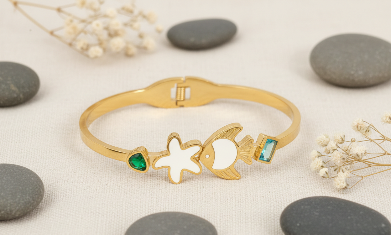 Ocean Whimsy Gold Bangle with Gemstone Accents