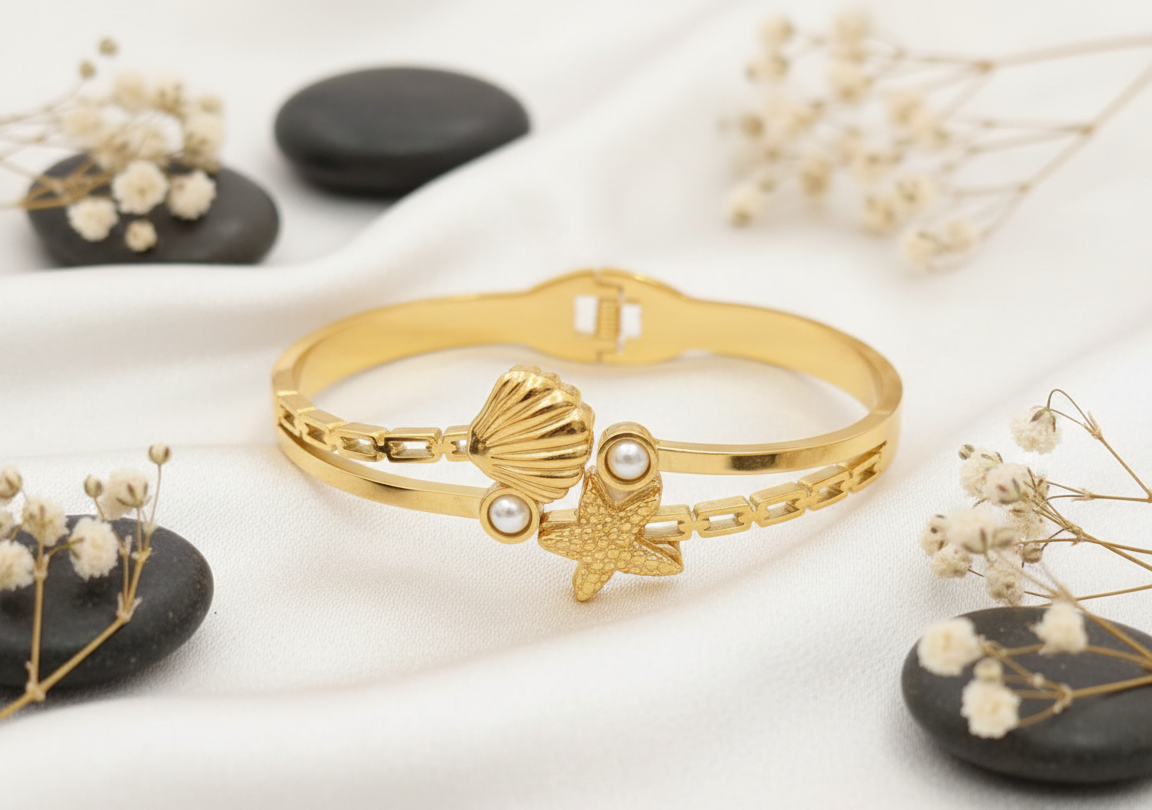Golden Sea Shell and Starfish Pearl Bangle