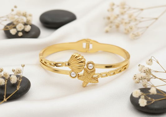 Golden Sea Shell and Starfish Pearl Bangle