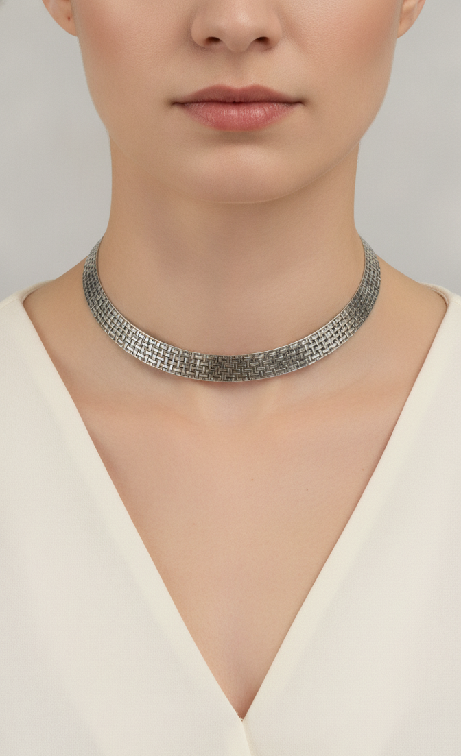 Woven Pattern Silver Choker Necklace