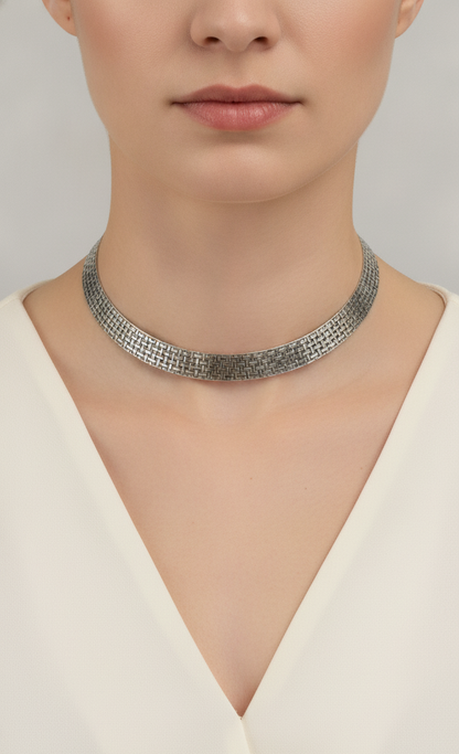 Woven Pattern Silver Choker Necklace