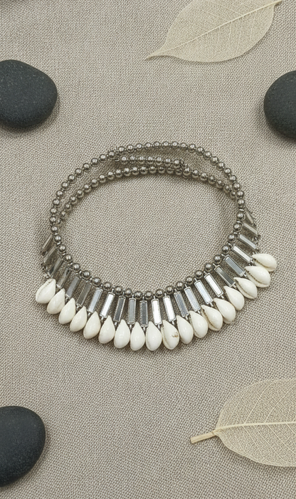 Silver-Toned Cowrie Shell and Beaded Choker Necklace