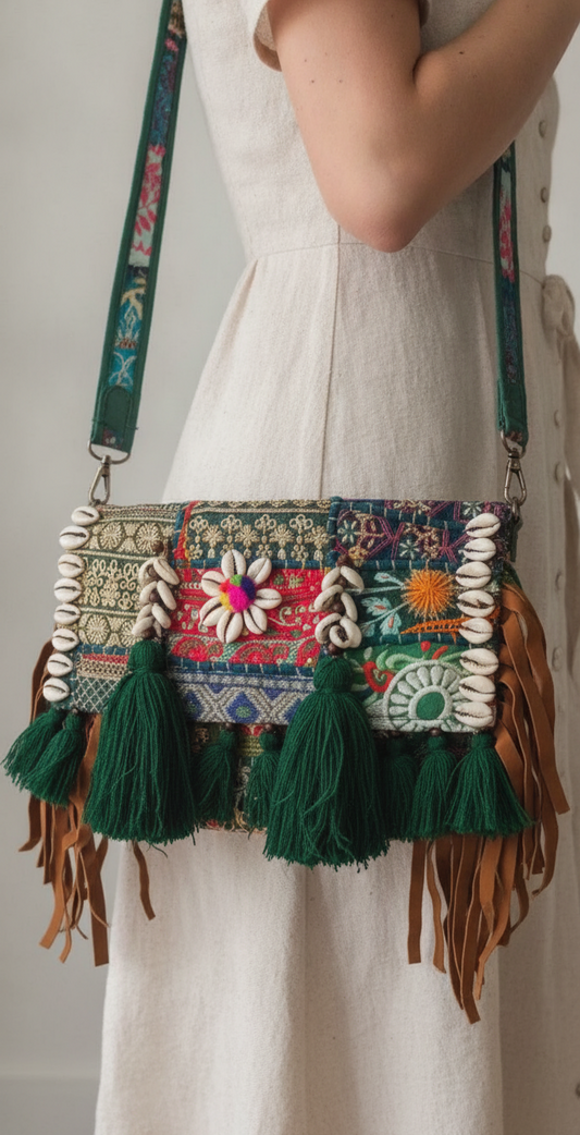 HandMade Embroidered Cowrie Shell & Tassel Bohemian Banjara Bag