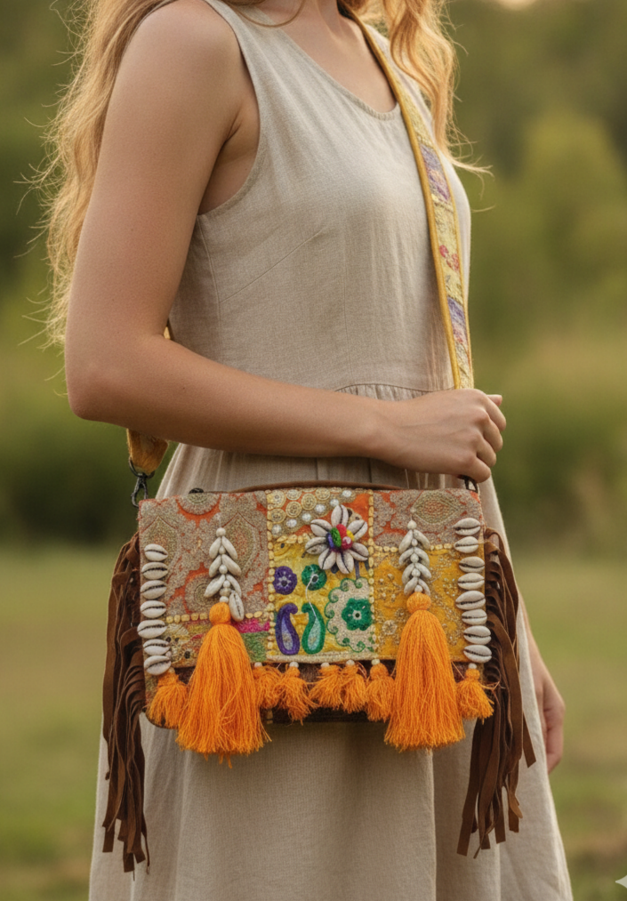 Golden Embroidered Cowrie Shell & Orange Tassel Shoulder Bag