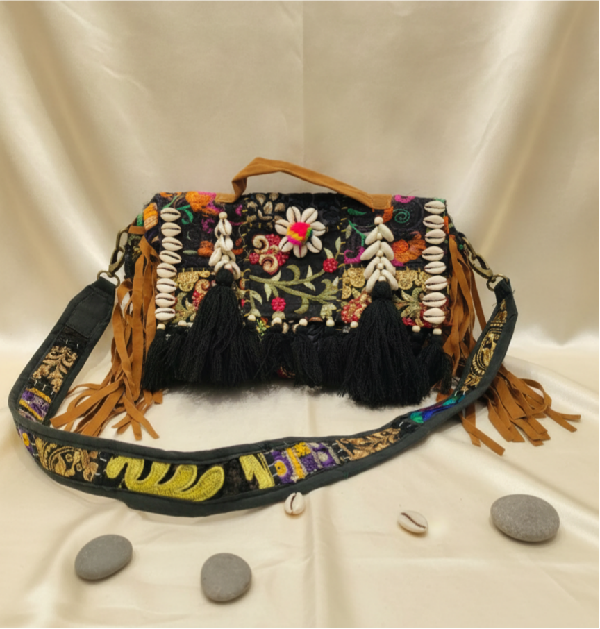 Embroidered Cowrie Shell & Black Tassel Crossbody Bag