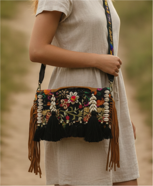 Embroidered Cowrie Shell & Black Tassel Crossbody Bag