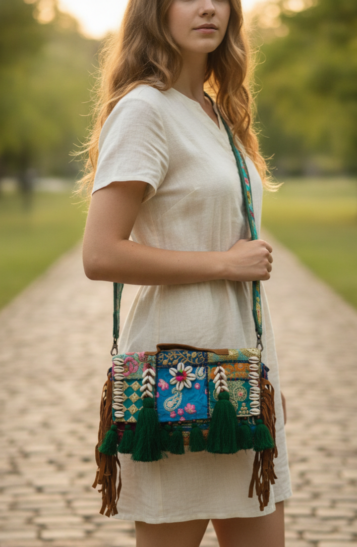 "Azure Mosaic" Embroidered Cowrie Shell & Emerald Tassel Crossbody
