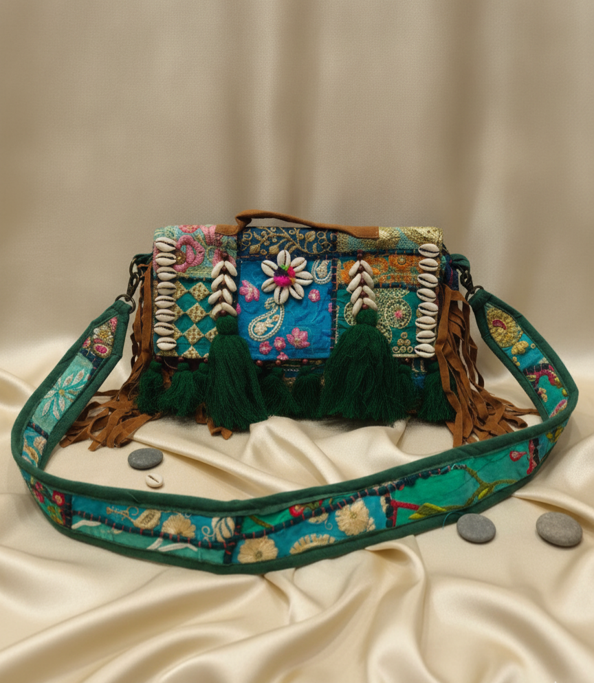 "Azure Mosaic" Embroidered Cowrie Shell & Emerald Tassel Crossbody